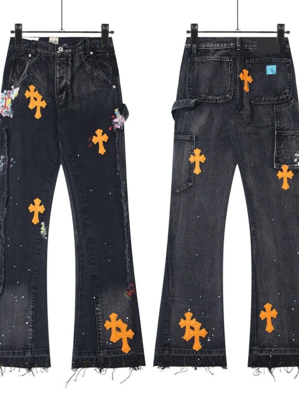 Gallery Black Wide-Leg Denim Pants with Orange Cross Appliqués